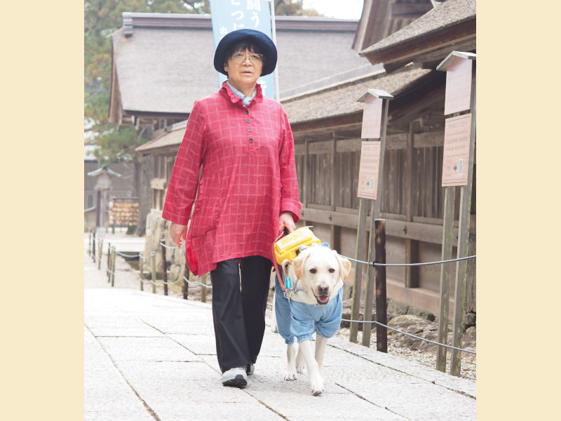 今岡さんとヘンリーが神社の境内を歩いている写真